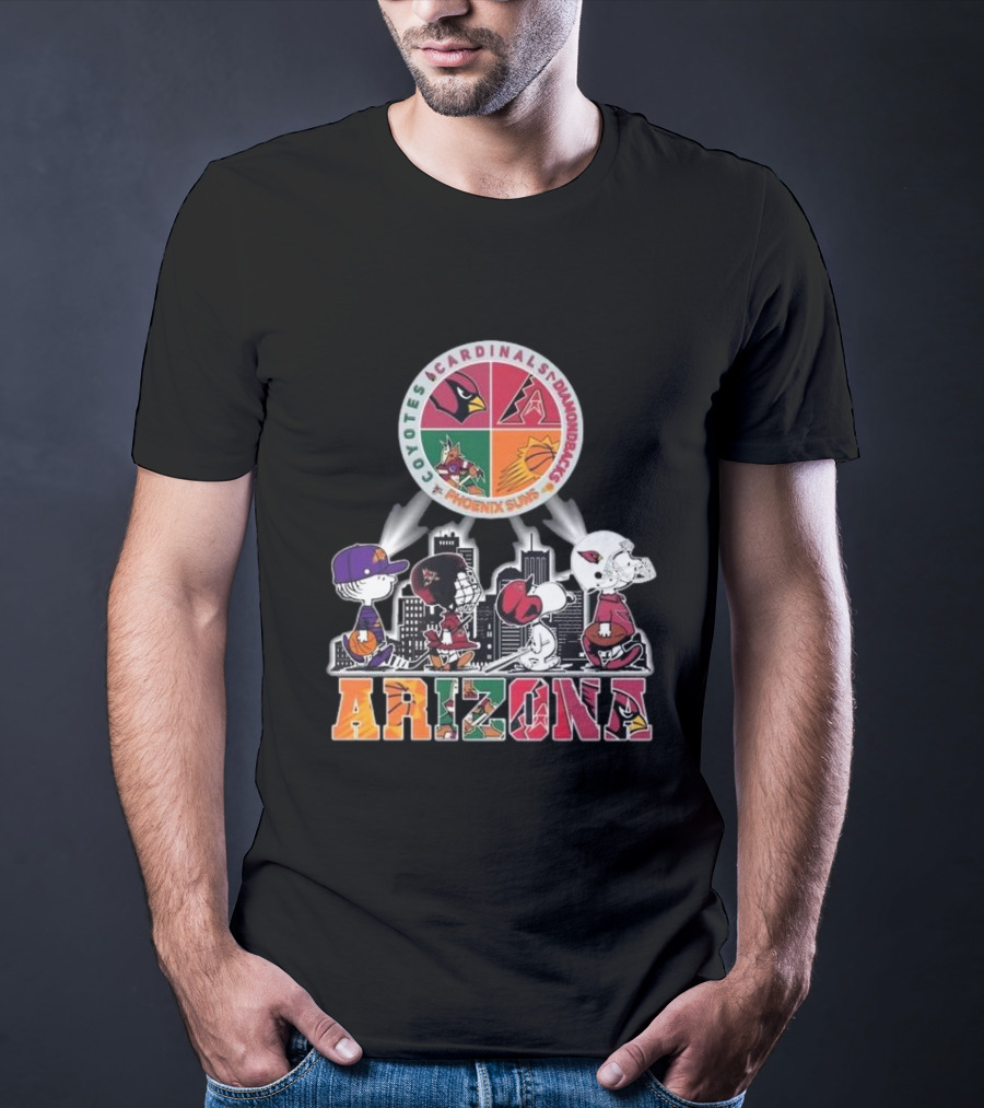 Snoopy Arizona Coyotes Cardinals Diamondbacks Phoenix Suns Peanuts Characters City Skyline T-Shirt