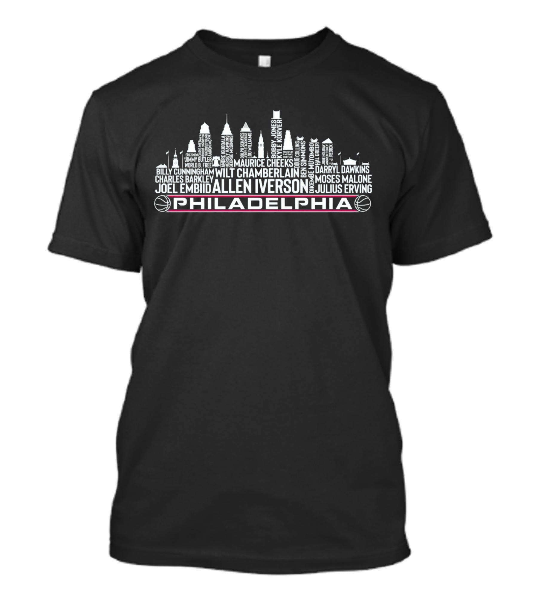 Philadelphia Basketball Legends Skyline Featuring Allen Iverson Joel Embiid Julius Erving T-Shirt