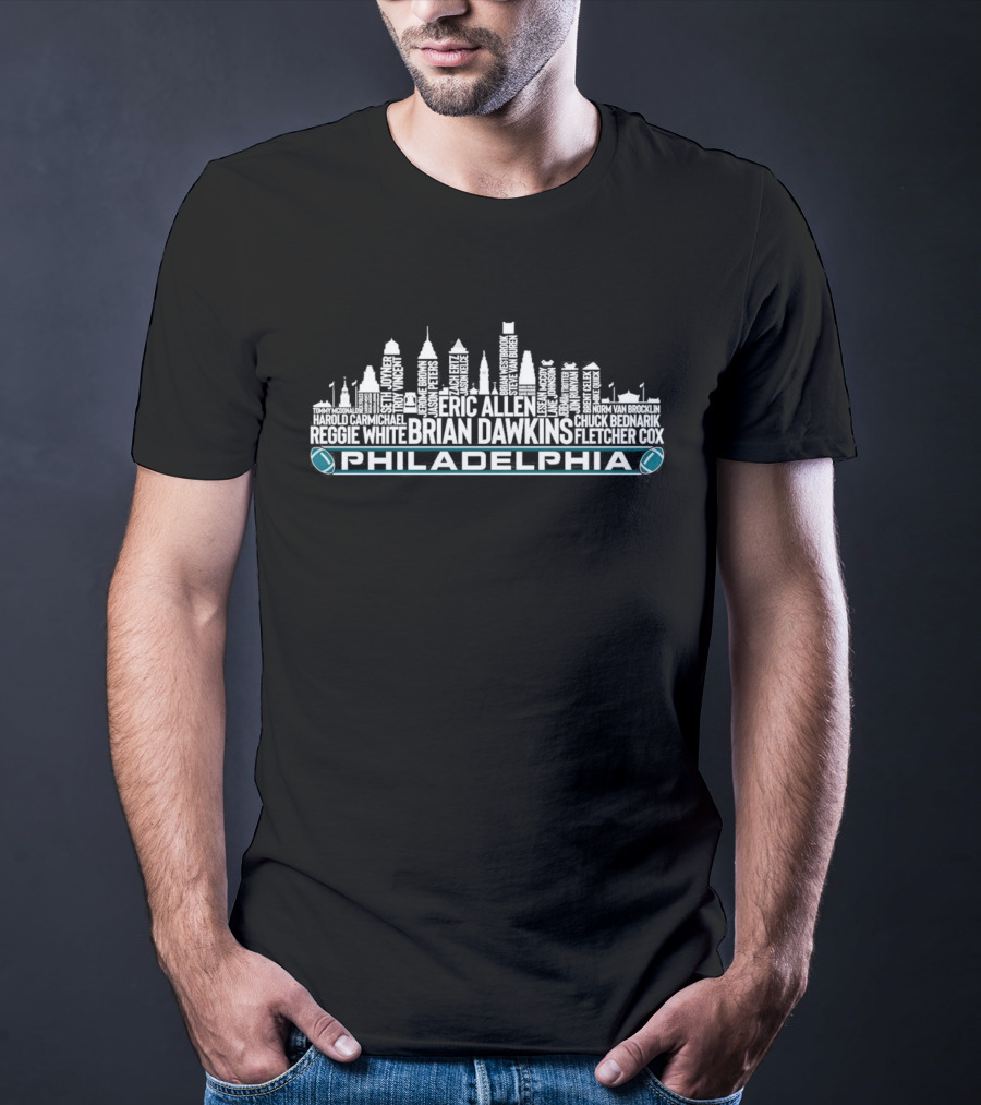Philadelphia Eagles Football Team Legends Brian Dawkins City Skyline T-Shirt