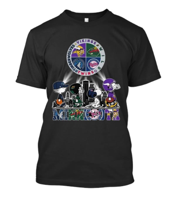 Snoopy Minnesota Twins Vikings Wild Timberwolves Peanuts Sports Logos Skyline T-Shirt