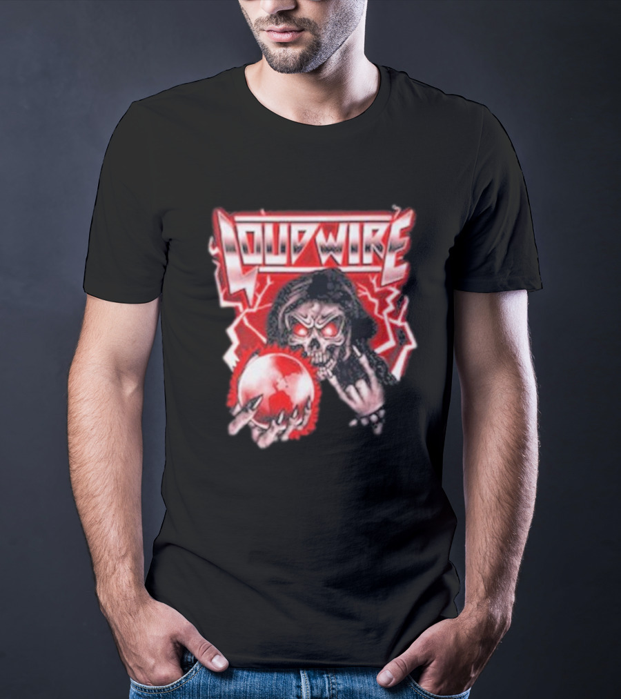 Loudwire 80s Metal Skull And Lightning Sphere Rock Hand T-Shirt