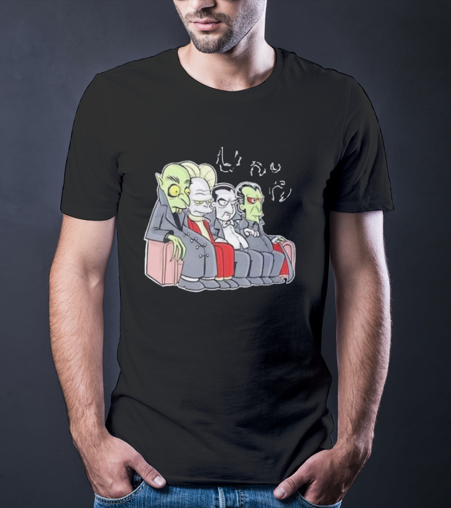 Various Versions Of Dracula Characters Sitting Together On A Couch T-Shirt