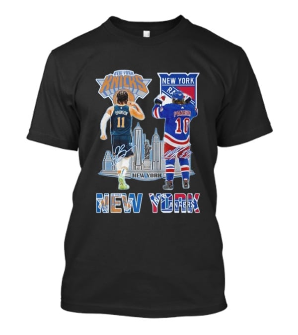 New York Knicks Brunson Rangers Panarin New York City Skyline Signatures T-Shirt