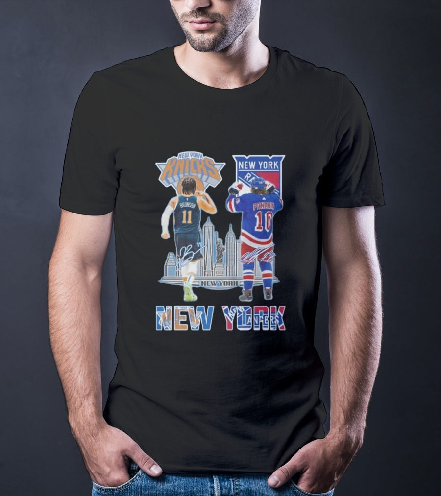 New York Knicks Brunson Rangers Panarin New York City Skyline Signatures T-Shirt