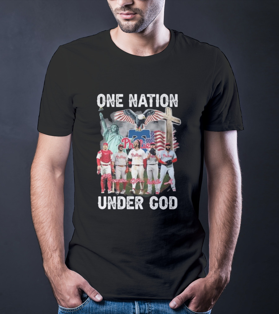 Philadelphia Phillies One Nation Under God Flag Statue Cross Signatures T-Shirt