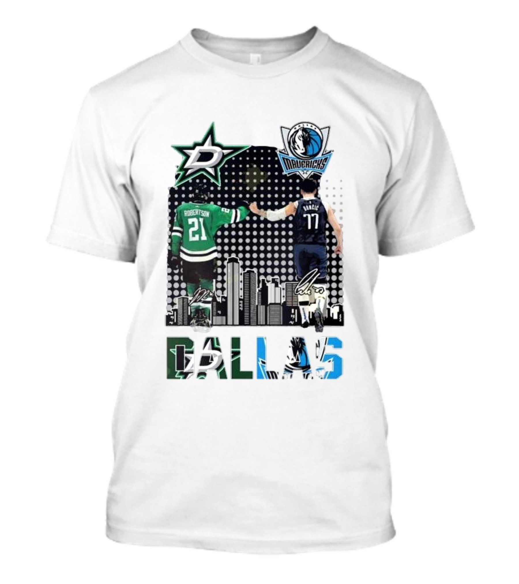 Dallas Stars Mavericks Robertson Doncic Skyline Signatures T-Shirt