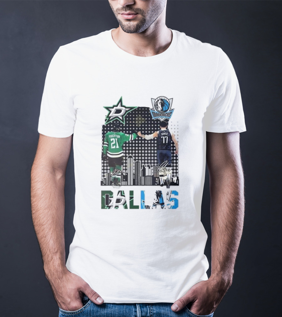 Dallas Stars Mavericks Robertson Doncic Skyline Signatures T-Shirt