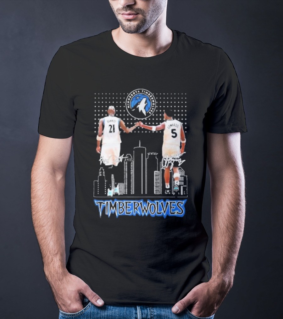 Minnesota Timberwolves Kevin Garnett Anthony Edwards Signatures City Skyline T-Shirt