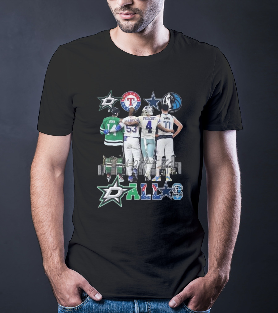 Dallas Stars Texas Rangers Cowboys Mavericks Benn Prescott Ware Doncic Signatures T-Shirt