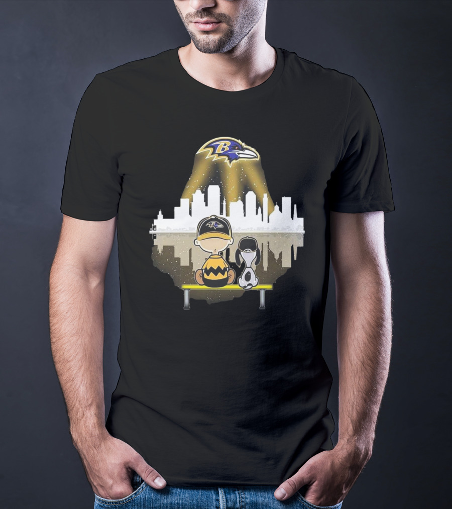 Charlie Brown Snoopy Baltimore Ravens City Skyline T-Shirt