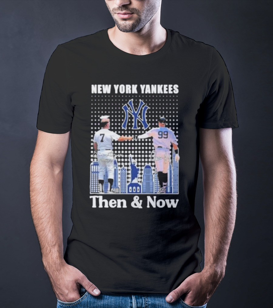 New York Yankees Then And Now Mickey Mantle 7 Aaron Judge 99 Signatures T-Shirt