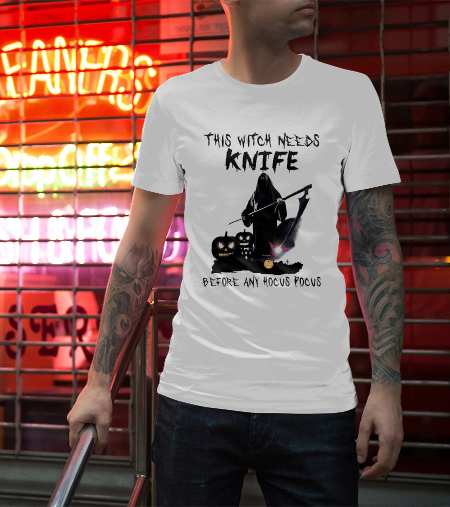 This Witch Needs Knife Before Any Hocus Pocus Halloween Pumpkins Dark Scene T-Shirt
