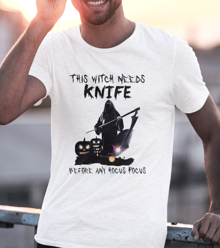 This Witch Needs Knife Before Any Hocus Pocus Halloween Pumpkins Dark Scene T-Shirt