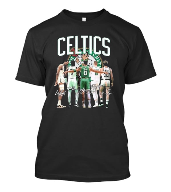 Celtics Jaylen Brown Jayson Tatum K. Porziņģis Larry Bird Signatures NBA Basketball Legends T-Shirt