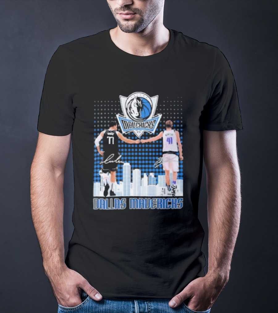 Dallas Mavericks Luka Doncic Dirk Nowitzki Handshake Signatures Skyline T-Shirt