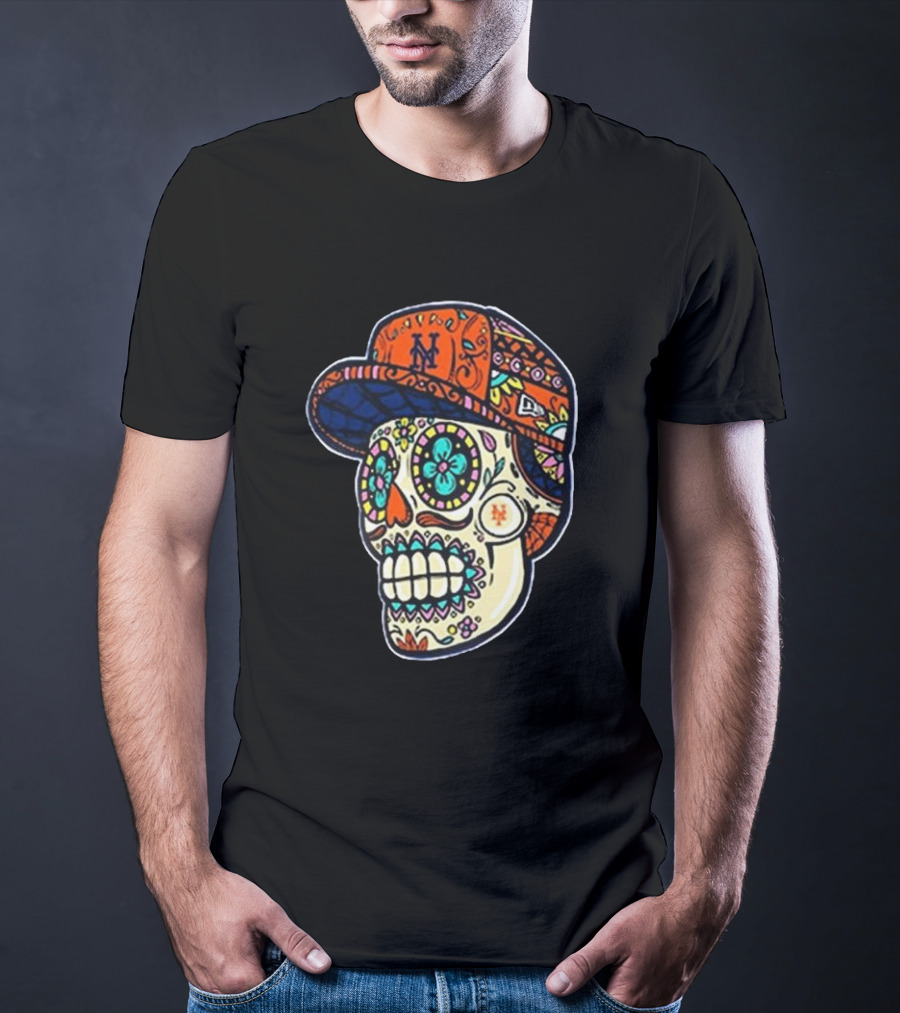 New York Mets New Era Black Sugar Skull Cap T-Shirt