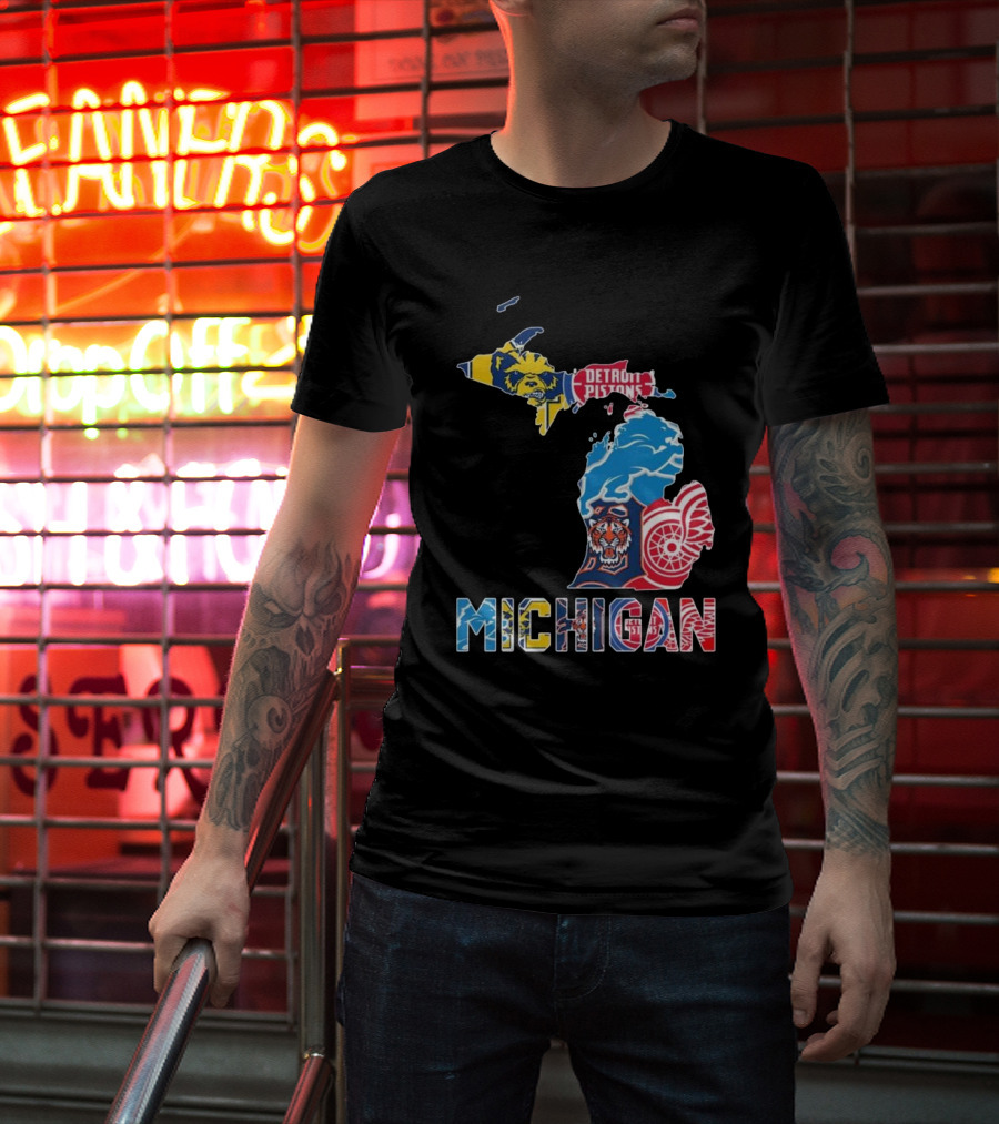 Michigan Lions Wolverines Tigers Pistons Red Wings Map T-Shirt