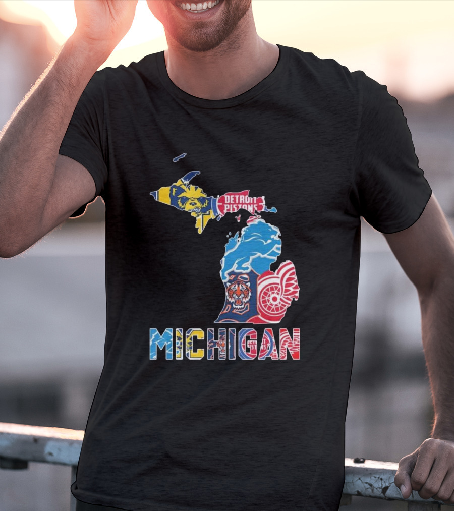 Michigan Lions Wolverines Tigers Pistons Red Wings Map T-Shirt