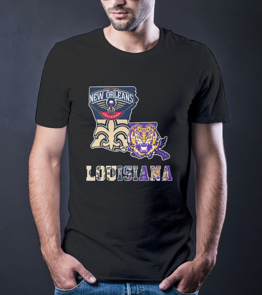 New Orleans Pelicans Tigers Saints Louisiana Map T-Shirt
