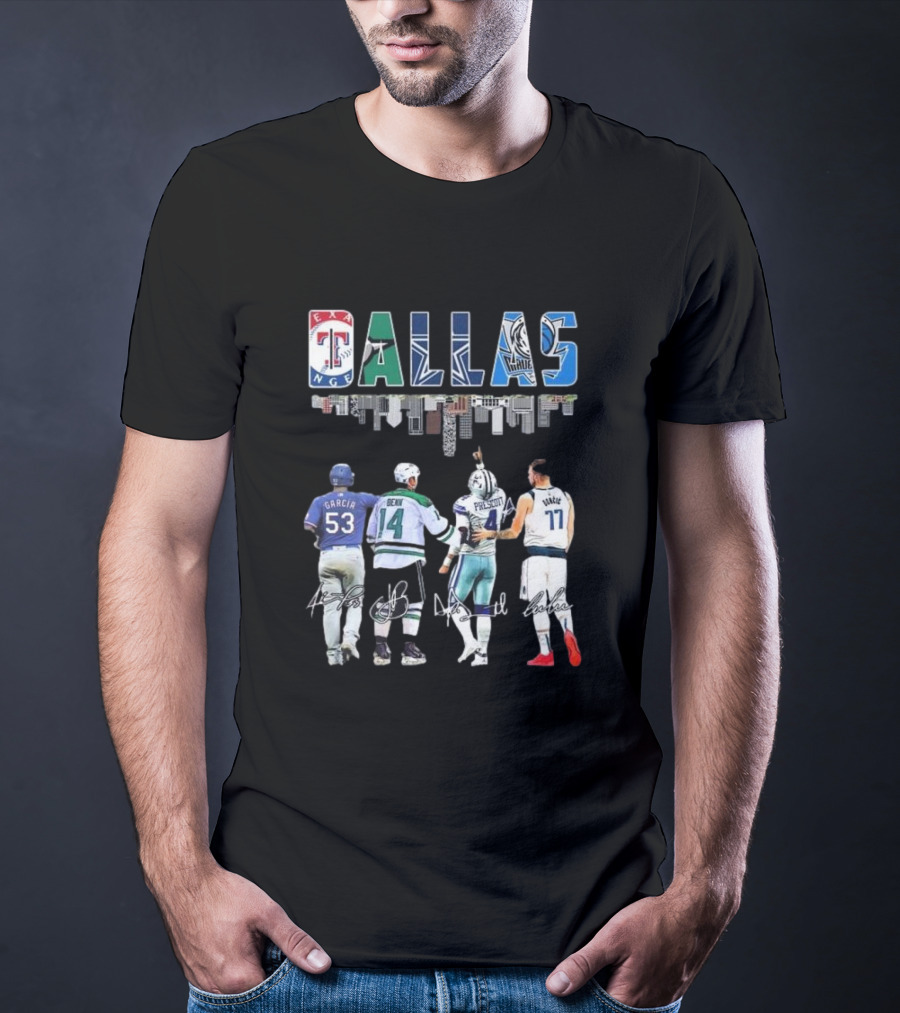 Texas Rangers Garcia Dallas Stars Benn Dallas Cowboys Prescott Dallas Mavericks Doncic Signatures Skyline T-Shirt
