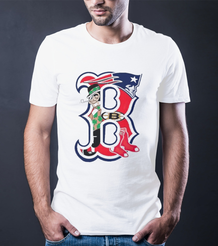 Boston Red Sox B Mashup With Patriots Bruins Celtics Symbols T-Shirt