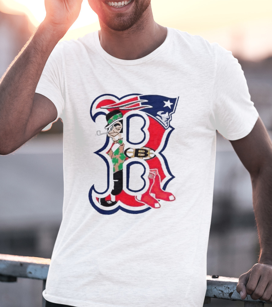 Boston Red Sox B Mashup With Patriots Bruins Celtics Symbols T-Shirt
