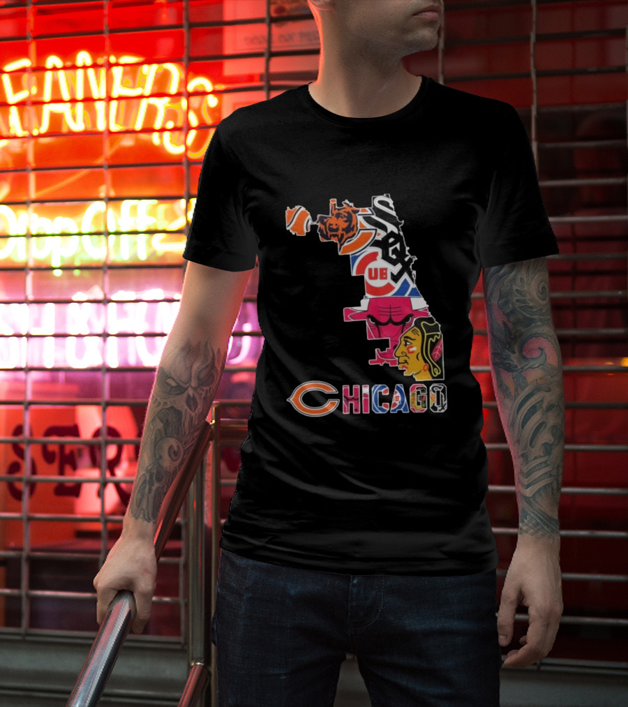 Chicago Cubs White Sox Bulls Bears Blackhawks Maps T-Shirt