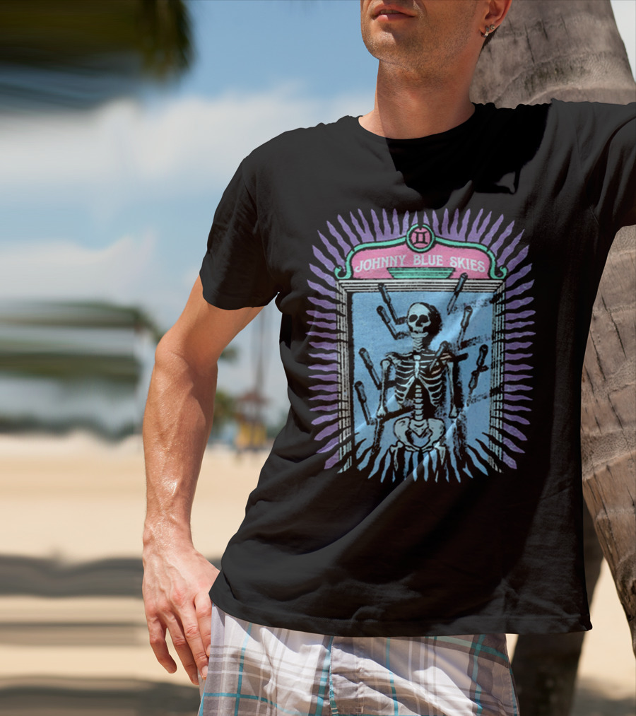Johnny Blue Skies Skeleton Framed With Knives And Purple Aura T-Shirt