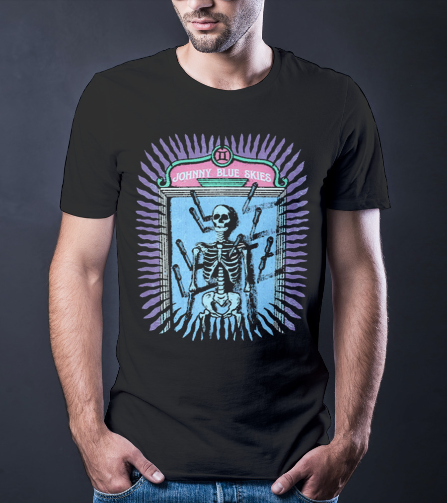 Johnny Blue Skies Skeleton Framed With Knives And Purple Aura T-Shirt