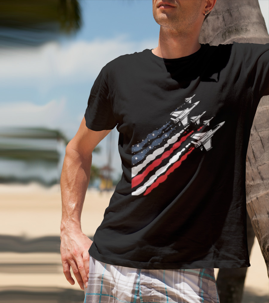 Vintage Patriotic Fighter Jet Airplane With American Flag Trail T-Shirt