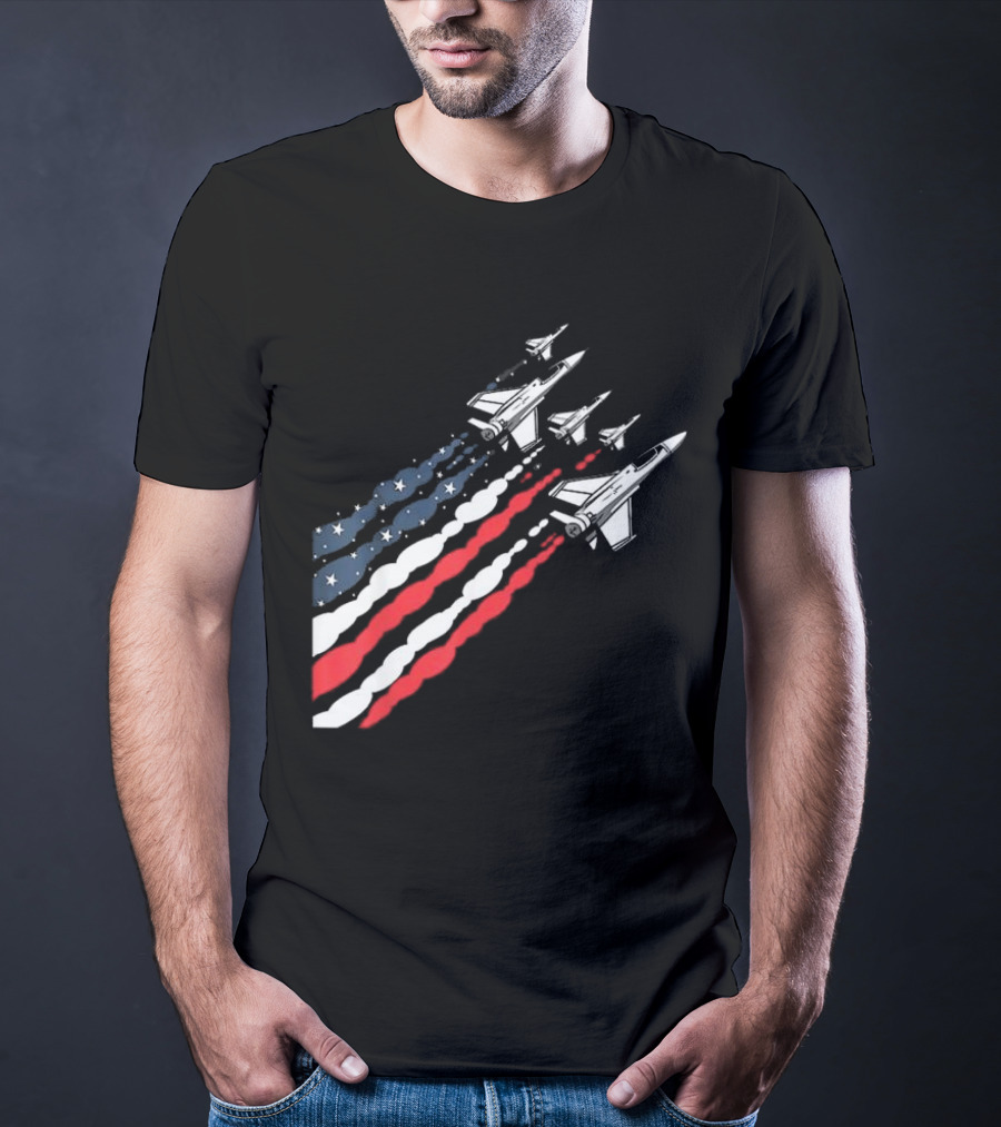 Vintage Patriotic Fighter Jet Airplane With American Flag Trail T-Shirt