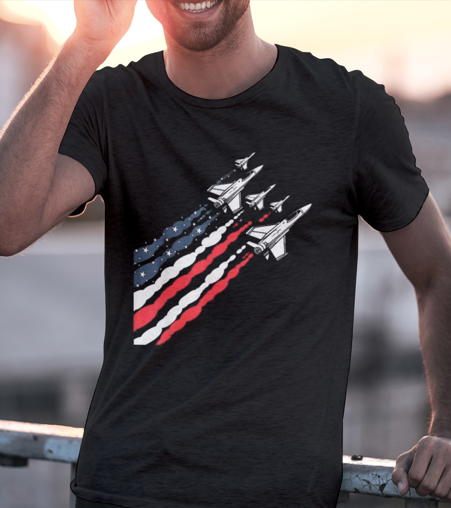 Vintage Patriotic Fighter Jet Airplane With American Flag Trail T-Shirt