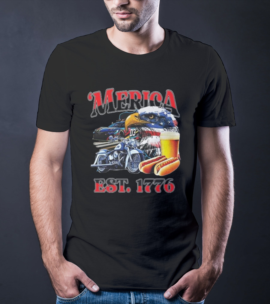 'Merica Bald Eagle Motorbike Beer Hotdogs Cars Est. 1776 T-Shirt