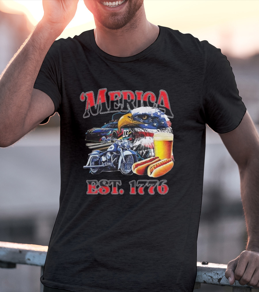 'Merica Bald Eagle Motorbike Beer Hotdogs Cars Est. 1776 T-Shirt