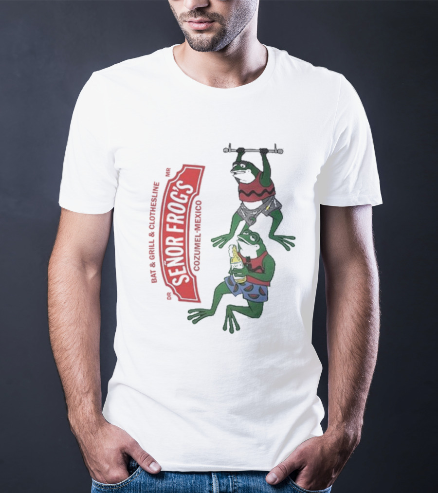 Senor Frog's Cozumel Mexico Bar And Grill Clothesline With Frogs In Striped Shirts And Shorts With Beer And Weights T-Shirt