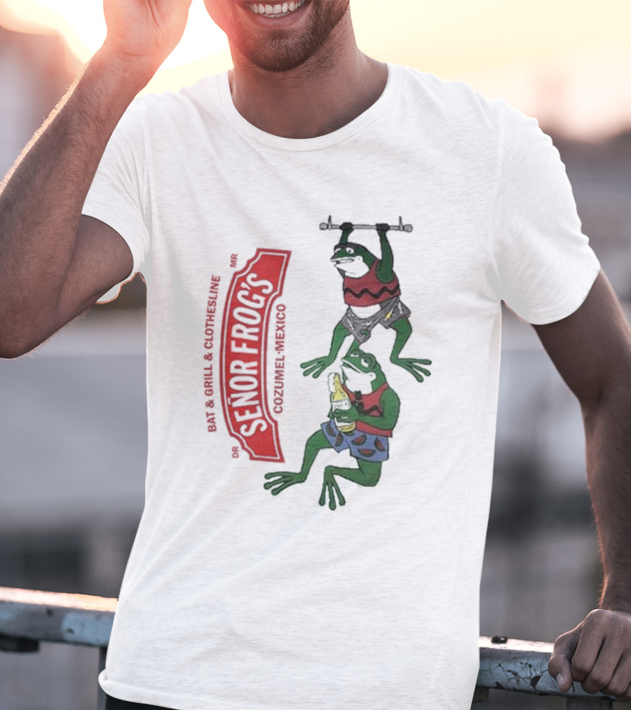 Senor Frog's Cozumel Mexico Bar And Grill Clothesline With Frogs In Striped Shirts And Shorts With Beer And Weights T-Shirt