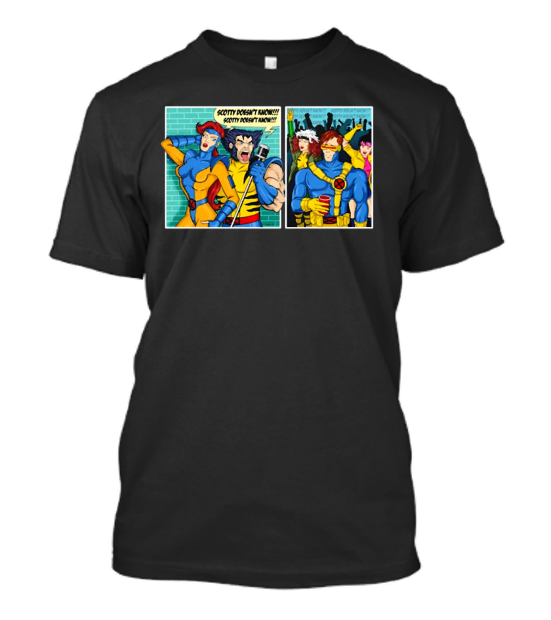 Jean Grey And Wolverine Comic Scotty Doesn’t Know Retro Cyclops Party Scene T-Shirt