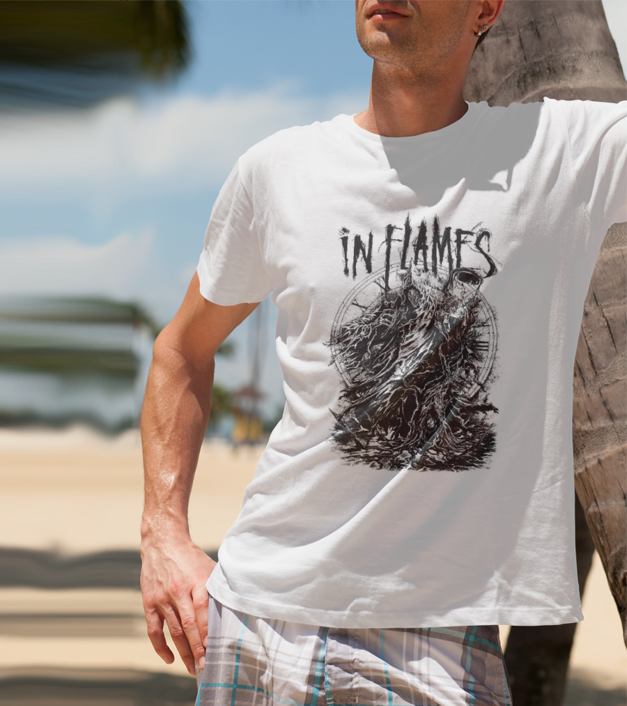 In Flames Cloaked Ghoul Dark Shrouded Figure With Clock Background T-Shirt