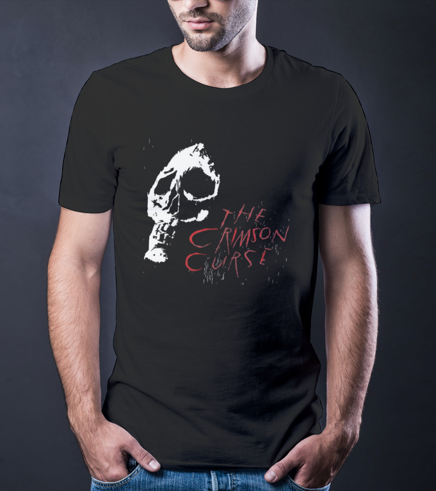 The Crimson Curse Skull White And Red Text With Skull T-Shirt