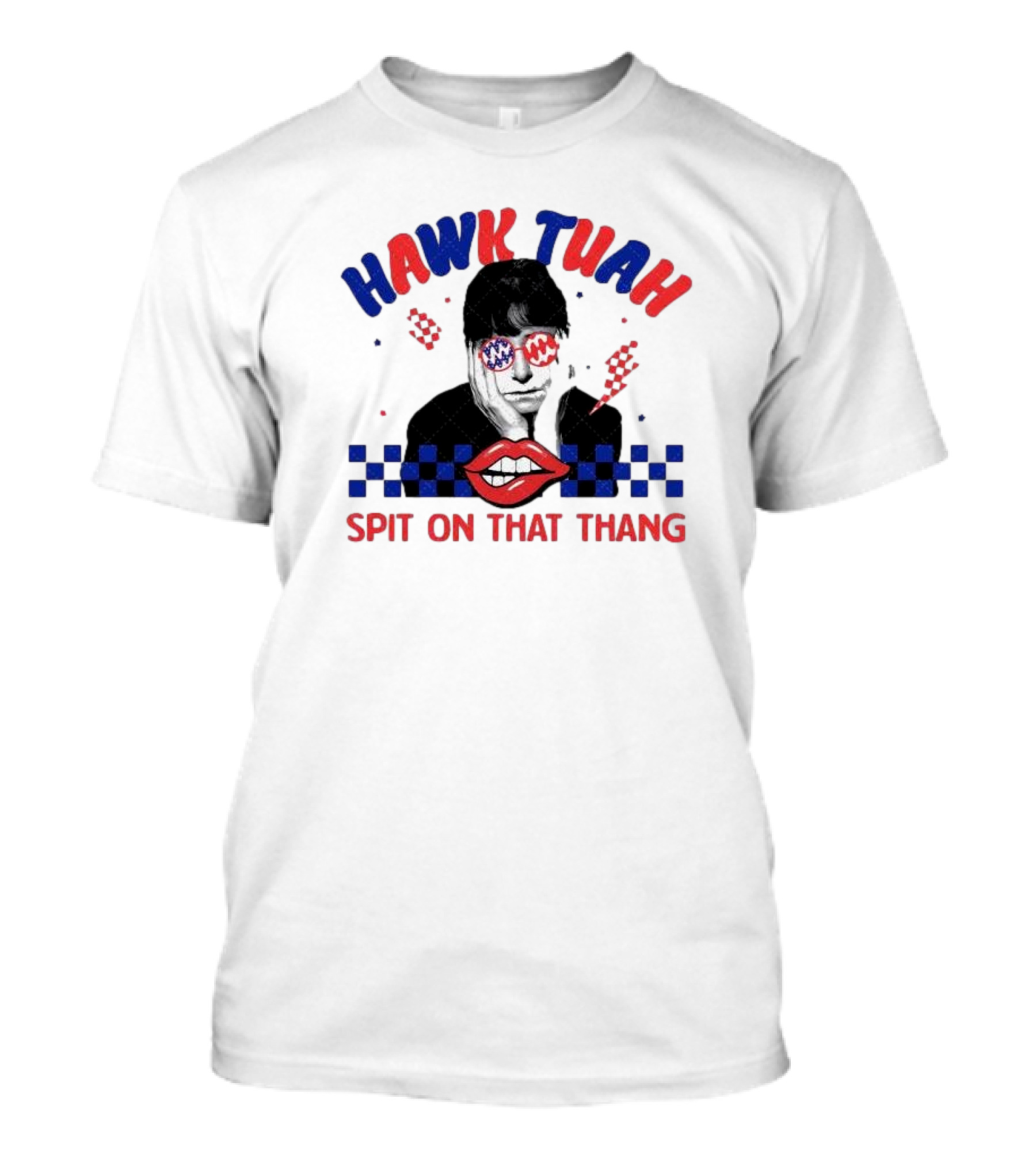 Hawk Tuah Spit On That Thang Lip Checkered Sunglasses T-Shirt