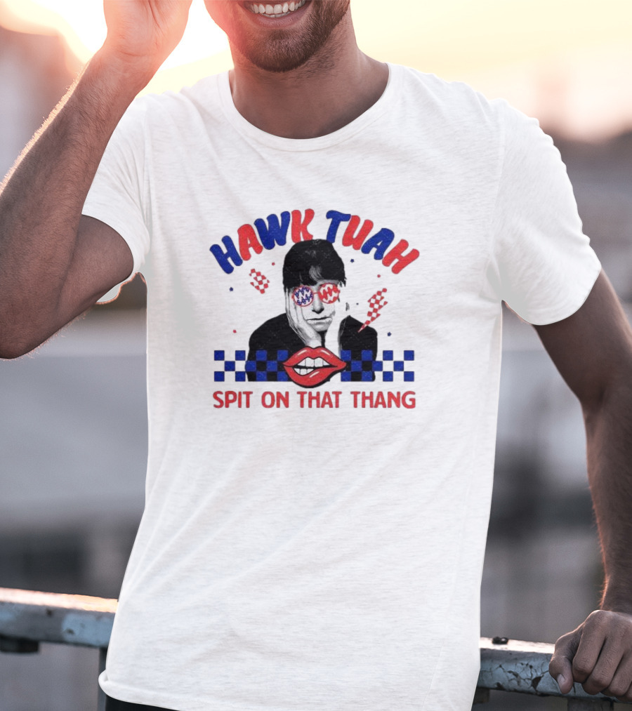 Hawk Tuah Spit On That Thang Lip Checkered Sunglasses T-Shirt