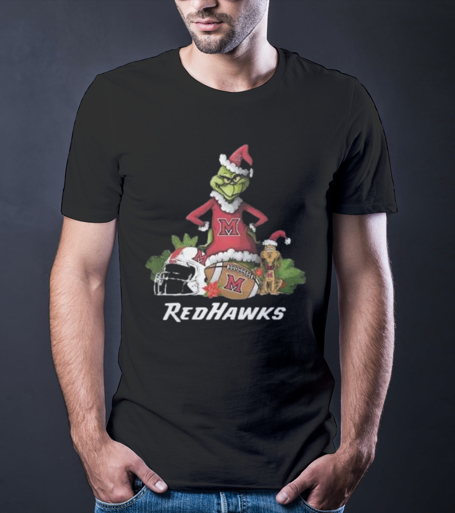 Grinch Santa And Dog With Miami RedHawks Rugby Helmet Merry Christmas T-Shirt