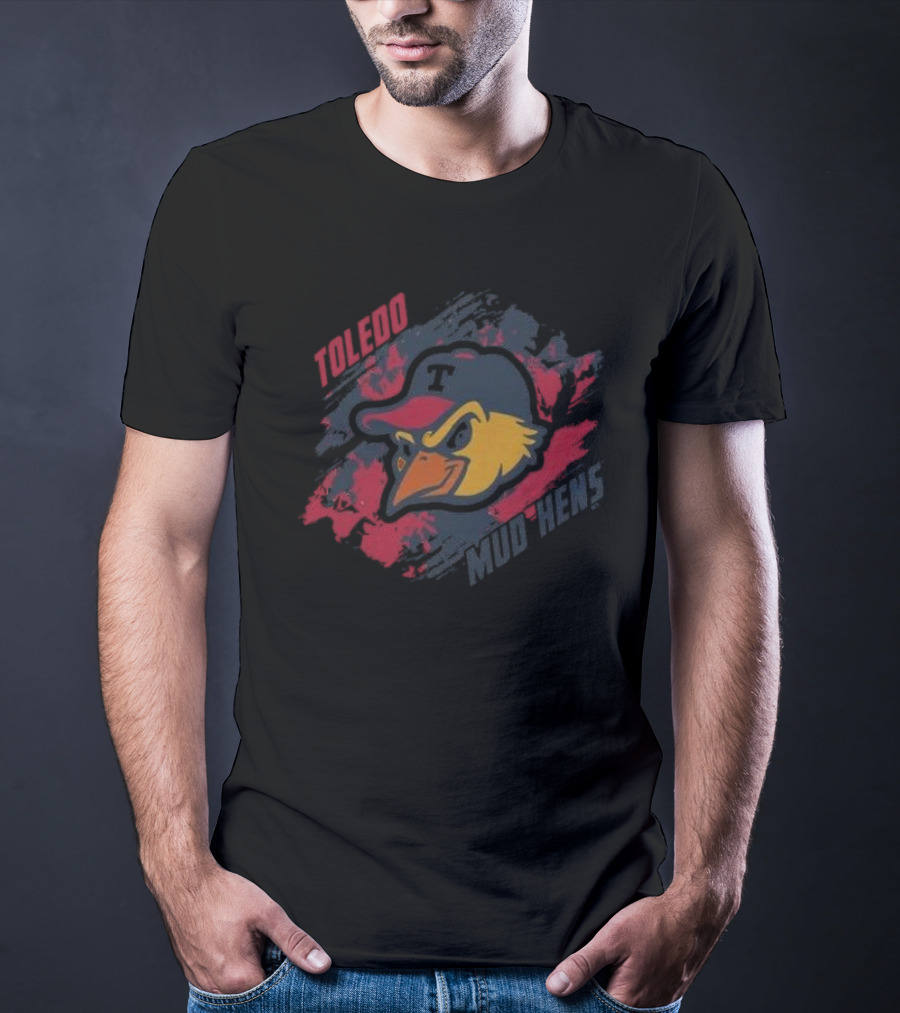 Toledo Mud Hens Baseball Team Logo With Bold Red And Blue Brushstroke Background T-Shirt