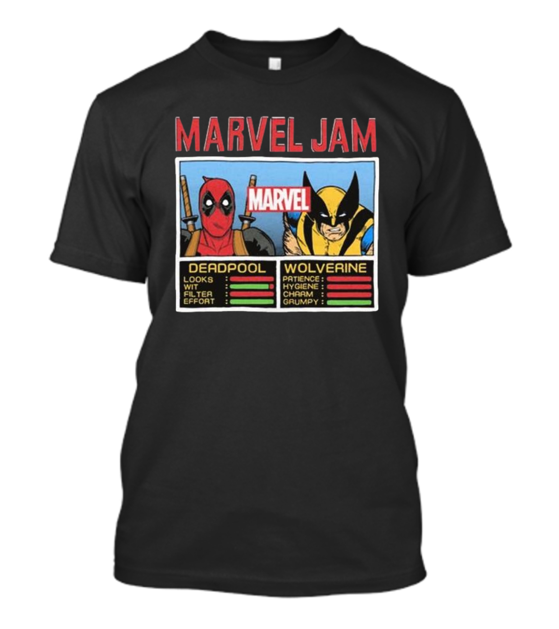 Deadpool Wolverine Marvel Jam Comic Character Stats T-Shirt