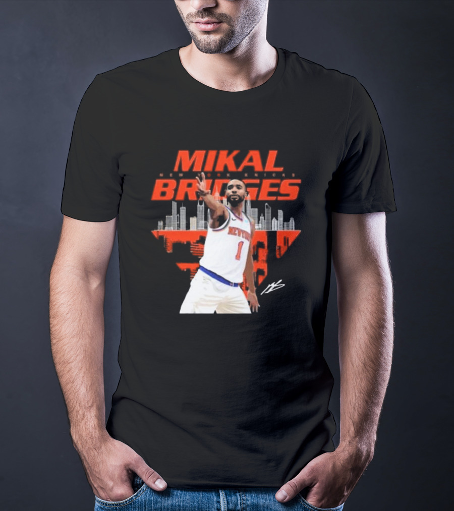 Mikal Bridges New York Knicks Skyline Signature Number 1 T-Shirt