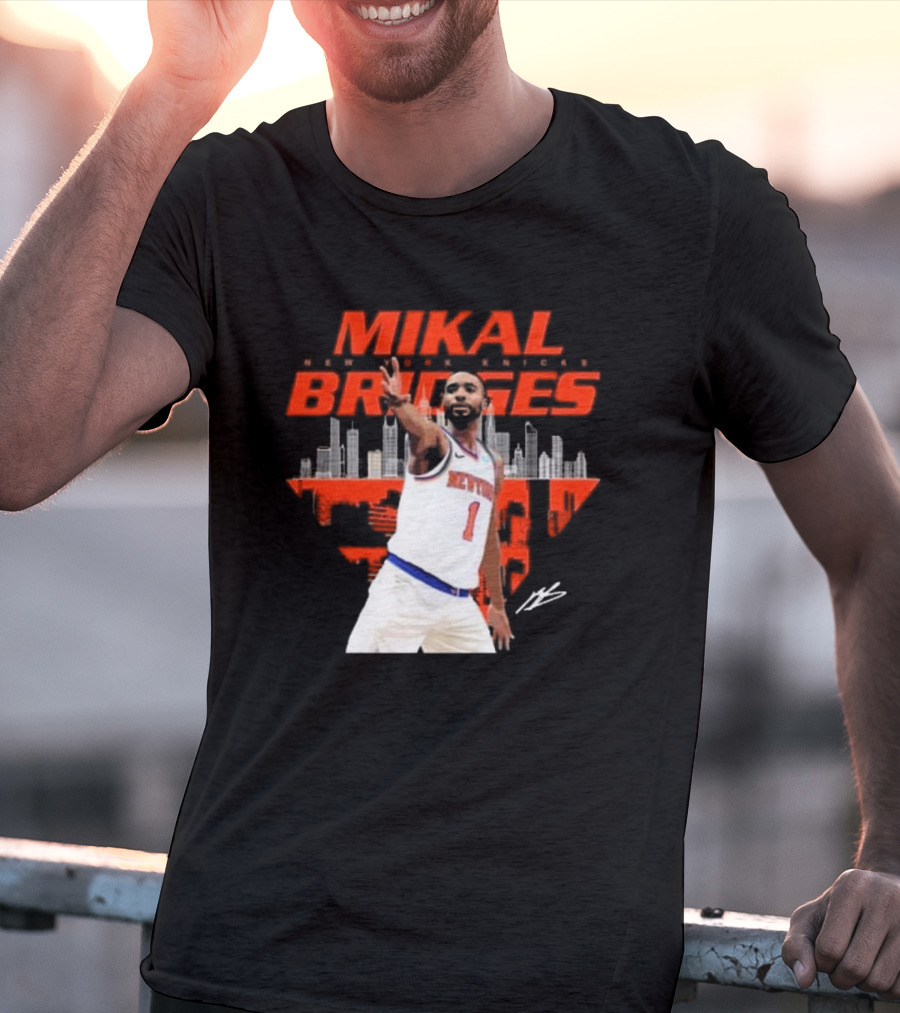Mikal Bridges New York Knicks Skyline Signature Number 1 T-Shirt