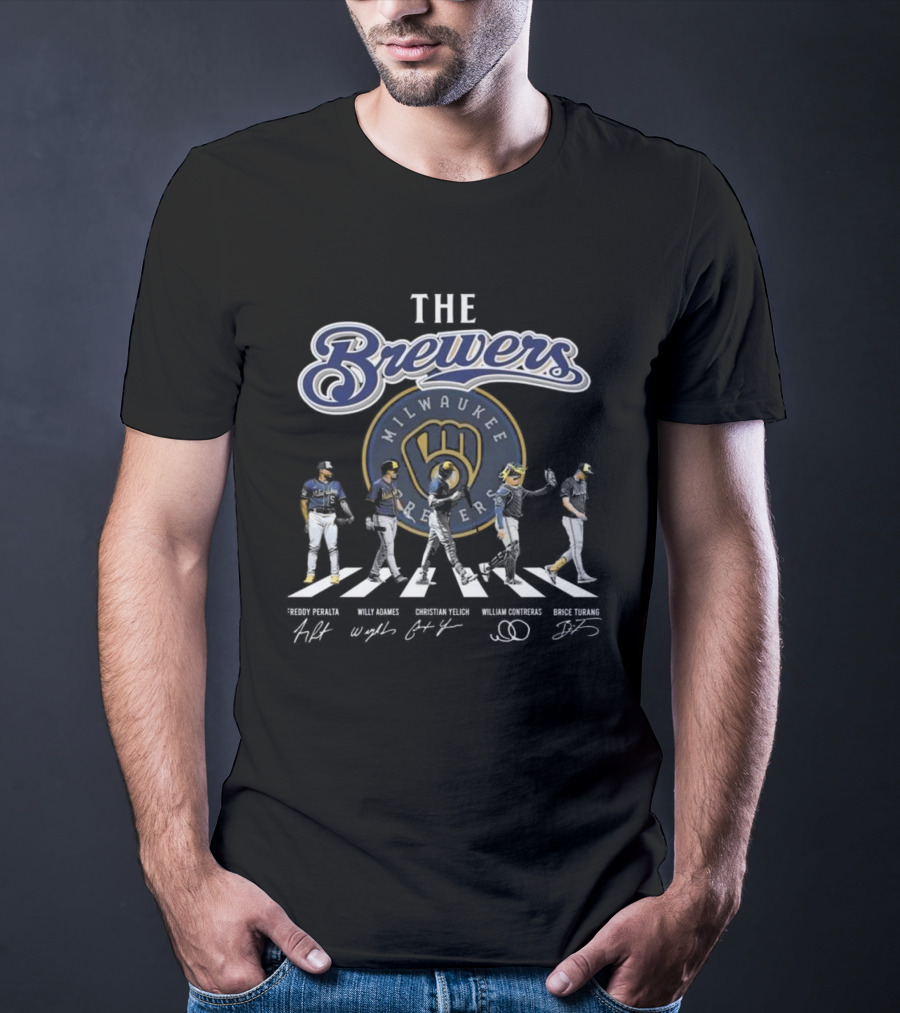 Milwaukee Brewers True Fan Baseball Legends Freddy Peralta Willy Adames Christian Yelich William Contreras Brice Turang Abbey Road Signatures T-Shirt
