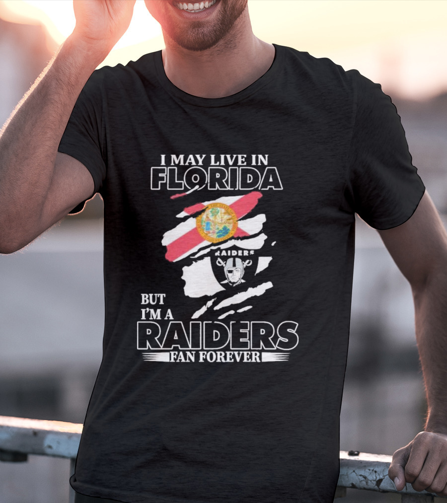 Las Vegas Raiders Fan Forever Living In Florida With Team Logo And State Flag T-Shirt