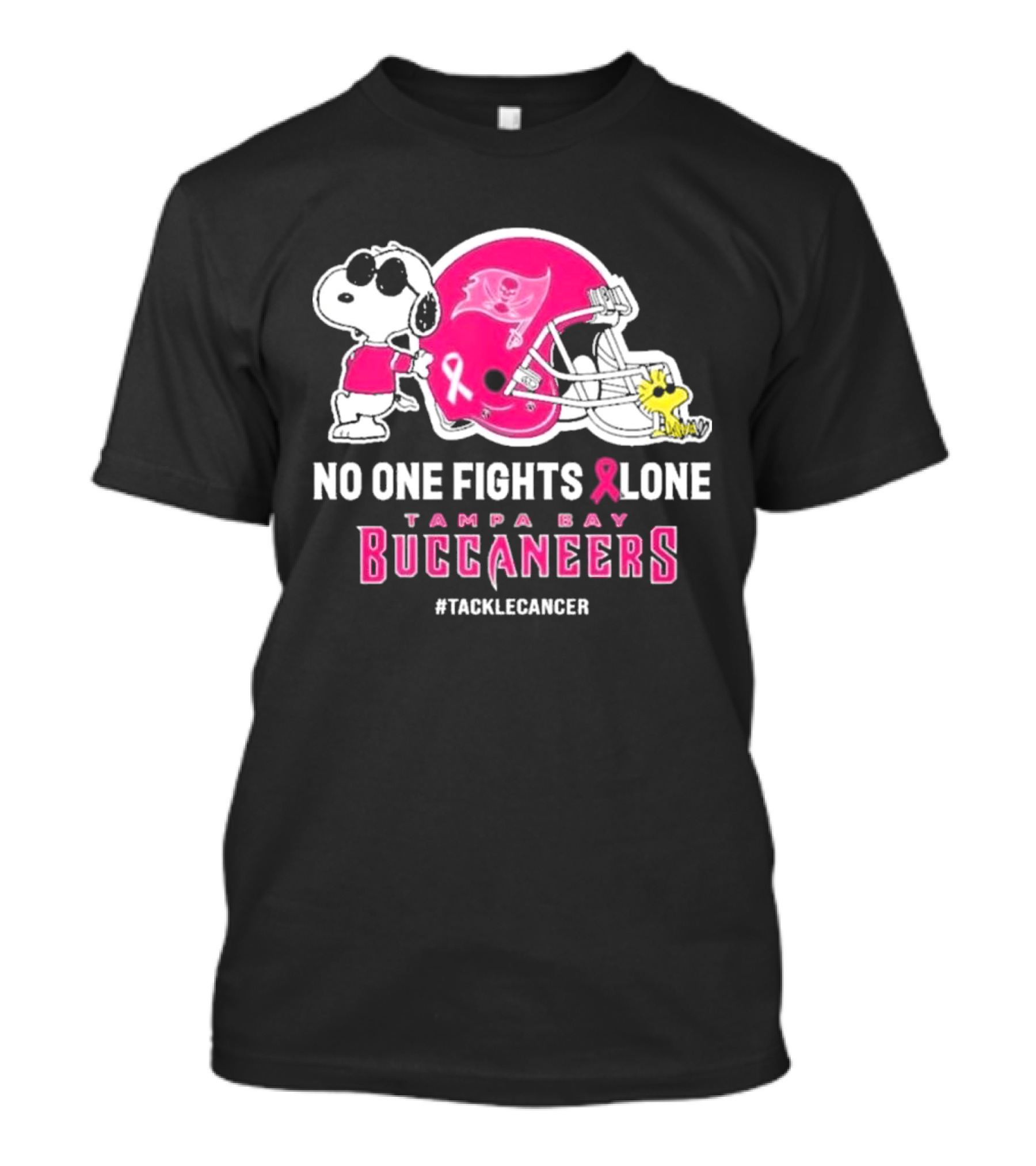 Snoopy And Woodstock No One Fights Alone Tampa Bay Buccaneers #Tacklecancer Pink Helmet T-Shirt