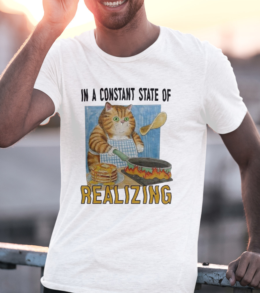 In A Constant State Of Realizing Cat Cooking Pancakes Flame Pan T-Shirt